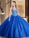 Shining Blue Ball Gowns Spaghetti Straps Sleeveless Tulle Floor Length Lace Up Beading and Appliques Quinceanera Gown