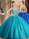 On Sale Tulle Spaghetti Straps Sleeveless Lace Up Beading and Lace and Appliques Ball Gown Prom Dress in Teal