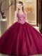 Customized Tulle Spaghetti Straps Sleeveless Lace Up Beading and Lace and Appliques Quince Ball Gowns in Burgundy
