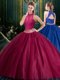 Halter Top Burgundy Two Pieces Tulle High-neck Sleeveless Appliques Floor Length Lace Up Sweet 16 Quinceanera Dress
