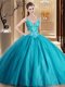 Edgy Teal Sleeveless Floor Length Beading and Lace and Appliques Lace Up Quinceanera Dresses