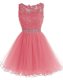 Scoop Sleeveless Chiffon Knee Length Zipper Evening Dress in Watermelon Red with Beading and Lace