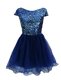 Exquisite Sequins Prom Dress Navy Blue Zipper Cap Sleeves Mini Length
