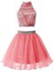 Mini Length Watermelon Red Prom Gown Chiffon Sleeveless Beading