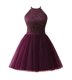 Dark Purple Chiffon Zipper Scoop Sleeveless Knee Length Prom Dress Beading