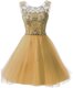 Glittering Scoop Sleeveless Prom Evening Gown Knee Length Beading Gold Chiffon