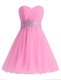 Modest Knee Length Rose Pink Dress for Prom Sweetheart Sleeveless Lace Up
