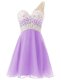 One Shoulder Beading Evening Dress Lavender Criss Cross Sleeveless Knee Length