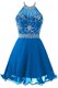 Cheap Scoop Blue Sleeveless Beading and Belt Mini Length Prom Party Dress