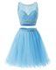 Stunning Sleeveless Mini Length Beading and Belt Side Zipper Prom Dress with Baby Blue