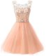 Peach A-line Scoop Sleeveless Chiffon Knee Length Zipper Beading Dress for Prom