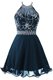 Scoop Sleeveless Mini Length Beading and Belt Zipper Prom Dresses with Navy Blue