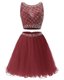 Sophisticated Sweetheart Sleeveless Prom Gown Mini Length Beading and Belt Burgundy Organza