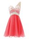 One Shoulder Sleeveless Chiffon Knee Length Criss Cross in Watermelon Red with Beading