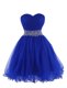 Customized Royal Blue Sleeveless Belt Mini Length Prom Dress