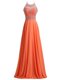 Pretty Chiffon Scoop Sleeveless Sweep Train Zipper Beading and Belt Prom Dress in Orange Red