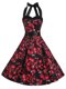 Most Popular Halter Top Sleeveless Prom Party Dress Knee Length Sashes ribbons and Pattern Red And Black Chiffon