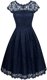 Custom Fit Navy Blue Empire Organza Scalloped Short Sleeves Lace Tea Length Zipper Prom Party Dress
