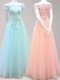 Perfect Off the Shoulder Cap Sleeves Floor Length Zipper Prom Party Dress Light Blue and Peach for Prom with Beading and Appliques