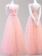 Fancy Baby Pink Tulle Lace Up Prom Dress Sleeveless Floor Length Appliques and Bowknot