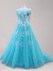 Low Price Off the Shoulder Tulle Cap Sleeves Prom Evening Gown and Beading and Appliques