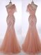 Comfortable One Shoulder Sleeveless Tulle Dress for Prom Beading and Hand Made Flower Brush Train Zipper