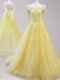 Yellow Off The Shoulder Lace Up Beading and Appliques Evening Dress Cap Sleeves