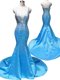 Mermaid Sleeveless Satin With Train Court Train Zipper Dress for Prom in Baby Blue with Beading