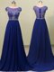 Scoop Royal Blue Zipper Prom Party Dress Beading Cap Sleeves With Brush Train