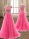 Scoop Rose Pink Tulle Zipper Dress for Prom Cap Sleeves Brush Train Beading