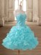 Sweetheart Sleeveless Prom Dress Mini Length Beading and Ruffles Aqua Blue Organza