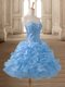 Blue A-line Beading and Ruffles Prom Evening Gown Lace Up Organza Sleeveless Mini Length