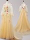 Scoop Backless Gold Long Sleeves Brush Train Appliques Prom Evening Gown