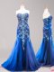 Sophisticated Mermaid Royal Blue Prom Gown Tulle Brush Train Sleeveless Beading and Appliques