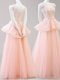 Super Peach A-line Scoop Sleeveless Tulle Floor Length Backless Appliques and Belt Prom Dresses