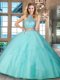 Discount Aqua Blue Two Pieces Tulle Halter Top Sleeveless Beading and Ruffles Floor Length Backless Ball Gown Prom Dress