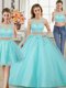 Superior Three Piece Tulle Scoop Sleeveless Zipper Beading and Appliques Sweet 16 Quinceanera Dress in Aqua Blue