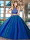 Two Piece HalterHalter Top Royal Blue Tulle Backless Halter Top Sleeveless 15th Birthday Dress Brush Train Beading