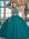 Halter Top Floor Length Backless Sweet 16 Dresses Teal for Military Ball and Sweet 16 and Quinceanera with Beading