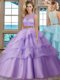 Lovely Scoop Lavender Two Pieces Beading and Appliques and Ruffled Layers Quince Ball Gowns Zipper Tulle Sleeveless Floor Length