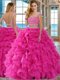 Hot Pink Organza Backless Scoop Cap Sleeves Floor Length 15 Quinceanera Dress Beading and Ruffles