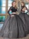 Scoop Black Tulle Backless Vestidos de Quinceanera Long Sleeves Floor Length Appliques