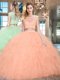 High End Scoop Tulle Cap Sleeves Floor Length Ball Gown Prom Dress and Beading and Ruffles