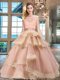 Fine Peach Two Pieces Scoop Cap Sleeves Tulle Floor Length Zipper Beading and Lace and Appliques and Ruffled Layers Quinceanera Gown