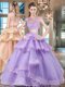 Eye-catching Lavender Zipper Scoop Beading and Lace and Appliques and Ruffled Layers Quinceanera Gown Tulle Cap Sleeves