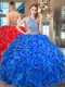 Halter Top Sleeveless Floor Length Beading and Ruffled Layers Backless 15 Quinceanera Dress with Royal Blue