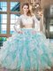 Pretty Aqua Blue Scoop Zipper Beading and Lace and Ruffles Quince Ball Gowns Long Sleeves