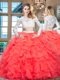 Scoop Long Sleeves Floor Length Beading and Lace and Ruffles Zipper 15th Birthday Dress with Red