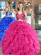 Hot Pink Zipper V-neck Lace and Ruffles 15th Birthday Dress Organza Sleeveless