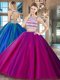 Dazzling Scoop Sleeveless Floor Length Beading Backless Quinceanera Dress with Fuchsia